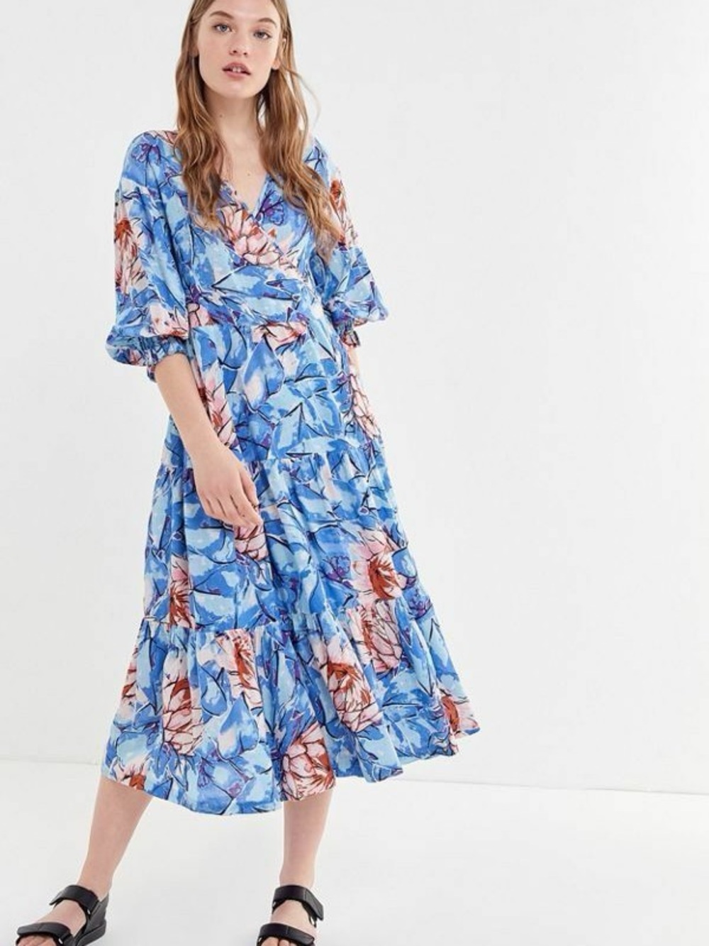 Urban Outfitters Blue Floral Tiered Wrap Midi Dress